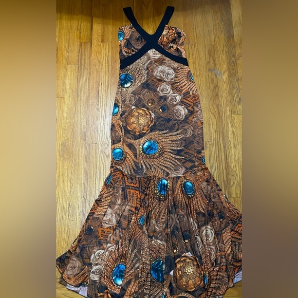 Peacock Feather and Roses Sleeveless Halter Maxi Dress w/ Mermaid Flare 4XL - Picture 1 of 5